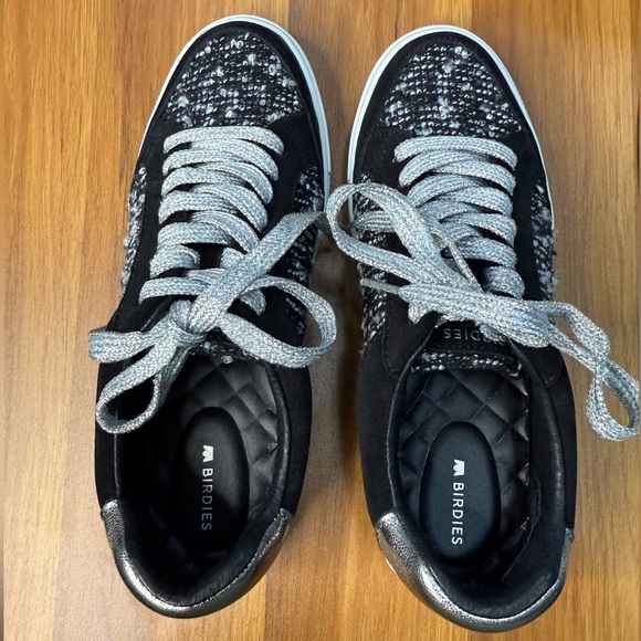 Birdies NWOT Black Tweed & Suede Sneakers Silver Trim Size 7.5 - Picture 5 of 9